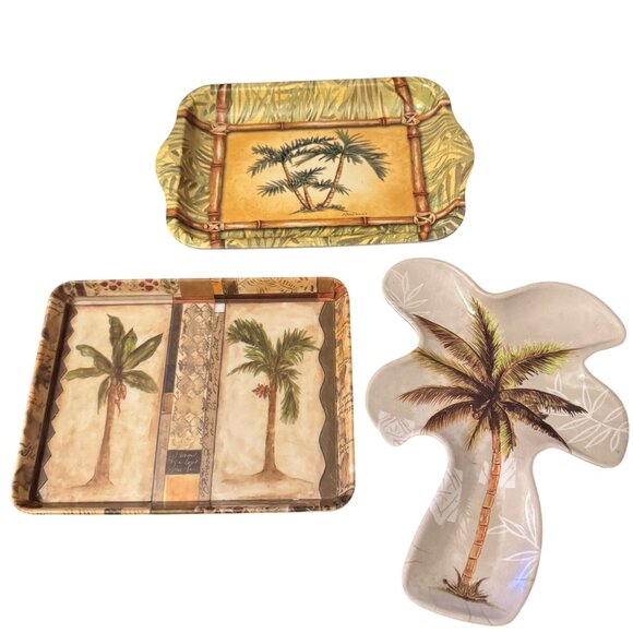 Vintage Tropical Palm Tree Green Beige Decorative Melamine Trinket Tray Set of 3 - Picture 1 of 16